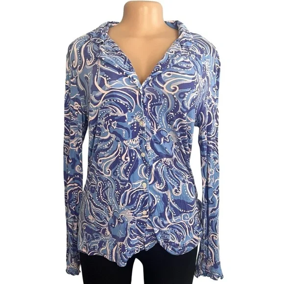 Lilly Pulitzer PJ Button Front Knit Ruffle Top Blue - Picture 2 of 10